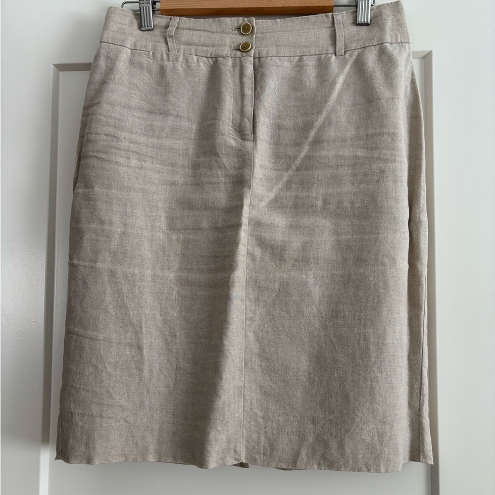 Lined,knee-length, with back pockets, belt loops, buttons, and zipper.